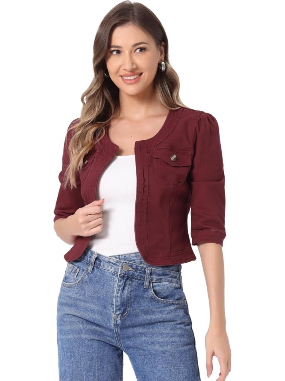 〽️Purple Red Women’s Cropped Jean Jacket | Collarless Denim Cardigan 3/4 Sleeve